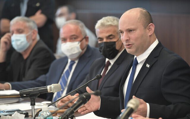 Prime Minister Naftali Bennett (R) at the weekly cabinet meeting in Jerusalem, June 27, 2021 (Kobi Gideon / GPO) Prime Minister Naftali Bennett (R) at the weekly cabinet meeting in Jerusalem, June 27, 2021 (Kobi Gideon / GPO)