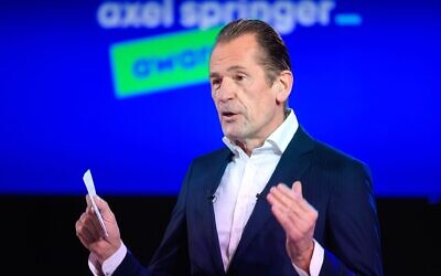 Mathias Dopfner, CEO of the German publisher Axel Springer, speaks at the opening of the company's award ceremony in Berlin, March 18, 2021. (Bernd von Jutrczenka - Pool/Getty Images via JTA)