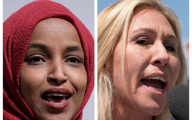 This combination of photos from the Associated Press shows Democratic Representative Ilhan Omar of Minnesota, left, and Republican Representative Marjorie Taylor Greene of Georgia. (AP Photo/Morry Gash, and AP Photo/Jacquelyn Martin) This combination of photos from the Associated Press shows Democratic Representative Ilhan Omar of Minnesota, left, and Republican Representative Marjorie Taylor Greene of Georgia. (AP Photo/Morry Gash, and AP Photo/Jacquelyn Martin)