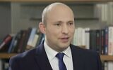 Yamina leader and PM-designate Naftali Bennett speaks in a Channel 12 interview, June 3, 2021 (Channel 12 screenshot)