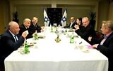 File: (L-R) Yisrael Beytenu leader Avigdor Liberman, Yesh Atid leader Yair Lapid, Yamina chair Naftali Bennett, New Hope chair Gideon Sa'ar, Blue and White head Benny Gantz, Ra’am chair Mansour Abbas, Labor head Merav Michaeli and Meretz leader Nitzan Horowitz at a meeting of the heads of the would-be-coalition in Tel Aviv, June 6, 2021. (Ra'anan Cohen)
