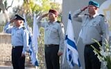 From left, incoming IDF Spokesperson Ran Kochav, head of IDF Operations Aharon Haliva, outgoing IDF Spokesperson Hidai Zilberman salute during a ceremony at the IDF Spokesperson's Unit's headquarters in northern Tel Aviv on June 6, 2021. (Israel Defense Forces)