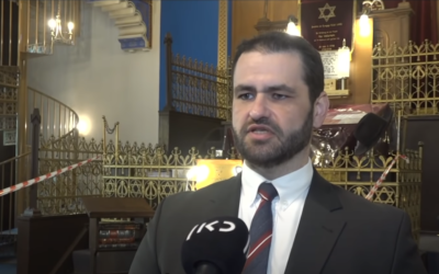 Rabbi Mordechai Eliezer (Zsolt) Balla, appointed as the chief rabbi of the German army, speaks to the Kan public broadcaster on June 3, 2021. (Screenshot: YouTube)