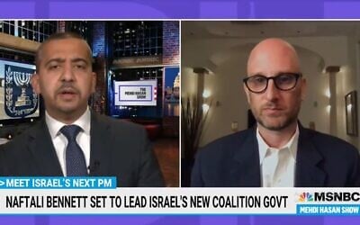 George Birnbaum (right), an adviser to Naftali Bennett, appears on MSNBC with anchor Mehdi Hasan. (MSNBC/Screenshot)