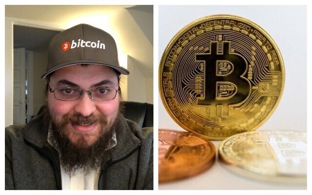 Bitcoin Rabbi Michael Caras (photo courtesy/ via JTA) and a visual representation of Bitcoin, at the 'Bitcoin Change' shop in Tel Aviv, February 6, 2018. (Jack Guez/AFP)