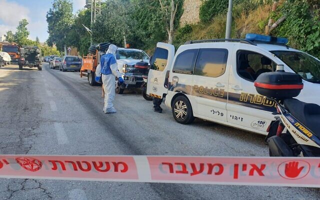 Scene of an incident in which two police officers were stabbed, leaving one critically injured and another lightly injured in the Givat Ze'ev settlement, June 2, 2021. (Israel Police) Scene of an incident in which two police officers were stabbed, leaving one critically injured and another lightly injured in the Givat Ze'ev settlement, June 2, 2021. (Israel Police)