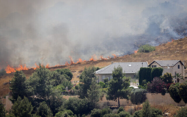 Firefighters try to extinguish a forest fire in the woods of Tzur Hadassah, outside Jerusalem, on June 4, 2021 (Nati Shohat/FLASH90)