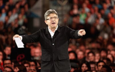 Jean-Luc Melenchon at a campaign rally in Lille, France, April 12, 2017. (Sylvain Lefevre/Getty Images via JTA) Jean-Luc Melenchon at a campaign rally in Lille, France, April 12, 2017. (Sylvain Lefevre/Getty Images via JTA)