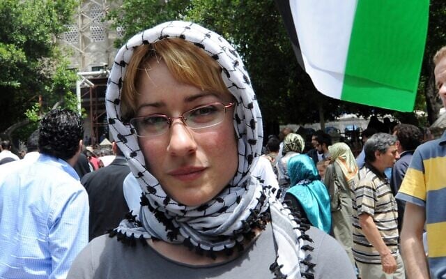 Ewa Jasiewicz attends a protest rally against Israel in Istanbul, Turkey on June 3, 2010. (Bulent Kilic/AFP via Getty Images/via JTA) Ewa Jasiewicz attends a protest rally against Israel in Istanbul, Turkey on June 3, 2010. (Bulent Kilic/AFP via Getty Images/via JTA)