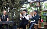 Etgar Keret, right, and Shuli Rand, center, in their initial Writers Festival appearance in Jerusalem that was reprised June 14, 2021 (Courtesy Mishkenot Shaananim)