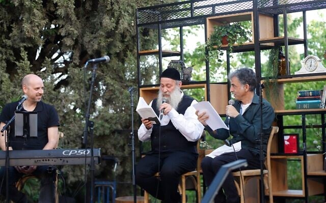 Etgar Keret, right, and Shuli Rand, center, in their initial Writers Festival appearance in Jerusalem that was reprised June 14, 2021 (Courtesy Mishkenot Shaananim) Etgar Keret, right, and Shuli Rand, center, in their initial Writers Festival appearance in Jerusalem that was reprised June 14, 2021 (Courtesy Mishkenot Shaananim)