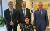Energy Minister Karine Elharrar meets with US Ambassador John Desrocher (center) as well as US Envoy to Israel Michael Ratney (right) and Energy Ministry director-general Udi Adiri. (Energy Ministry)