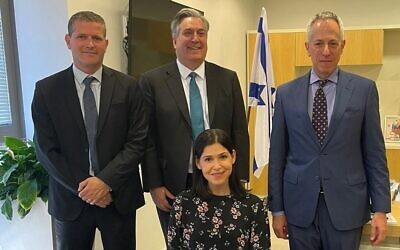Energy Minister Karine Elharrar meets with US Ambassador John Desrocher (center) as well as US Envoy to Israel Michael Ratney (right) and Energy Ministry director-general Udi Adiri. (Energy Ministry)