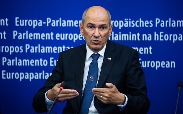 Slovenian Prime Minister Janez Jansa attends a press conference at the European Parliament in Strasbourg, France, on July 6, 2021. (Patrick Hertzog/AFP) Slovenian Prime Minister Janez Jansa attends a press conference at the European Parliament in Strasbourg, France, on July 6, 2021. (Patrick Hertzog/AFP)