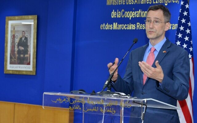 Senior US State Department official Joey Hood holds a press conference duing his visit to Rabat, Morocco, on July 28, 2021. (Stringer/AFP) Senior US State Department official Joey Hood holds a press conference duing his visit to Rabat, Morocco, on July 28, 2021. (Stringer/AFP)