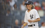 Gwen Goldman, 70, was named the honorary batgirl by the New York Yankees for a game against the Los Angeles Angels at Yankee Stadium, June 28, 2021. (Sarah Stier/Getty Images via JTA)