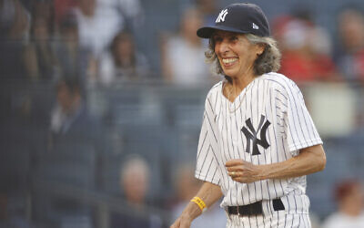 Gwen Goldman, 70, was named the honorary batgirl by the New York Yankees for a game against the Los Angeles Angels at Yankee Stadium, June 28, 2021. (Sarah Stier/Getty Images via JTA)