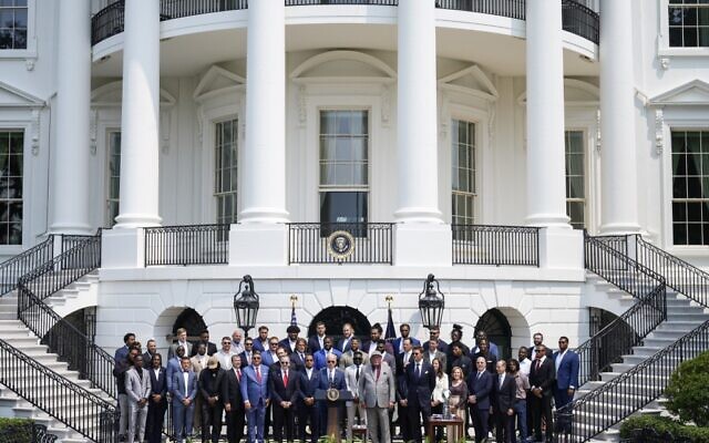 US President Joe Biden speaks as he welcomes the 2021 NFL Super Bowl champion Tampa Bay Buccaneers during a ceremony on the South Lawn of the White House, on July 20, 2021, in Washington, DC. (Drew Angerer/Getty Images/AFP) US President Joe Biden speaks as he welcomes the 2021 NFL Super Bowl champion Tampa Bay Buccaneers during a ceremony on the South Lawn of the White House, on July 20, 2021, in Washington, DC. (Drew Angerer/Getty Images/AFP)