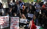 Activists protest Israel’s military actions in Gaza outside the Israeli Embassy in Washington, DC on May 18, 2021. (Alex Wong/Getty Images via JTA)