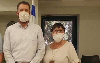 Religious Affairs Minister Matan Kahana, left, with Haya Kliger, on July 15, 2021 (Courtesy)