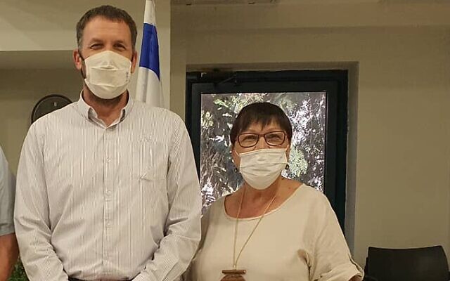 Religious Affairs Minister Matan Kahana, left, with Haya Kliger, on July 15, 2021 (Courtesy) Religious Affairs Minister Matan Kahana, left, with Haya Kliger, on July 15, 2021 (Courtesy)