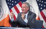 New York City Mayor Bill de Blasio holds a news briefing at City Hall, July 20, 2021. (Ed Reed/Mayoral Photography Office via JTA)