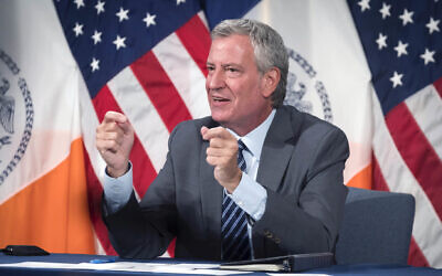 New York City Mayor Bill de Blasio holds a news briefing at City Hall, July 20, 2021. (Ed Reed/Mayoral Photography Office via JTA)
