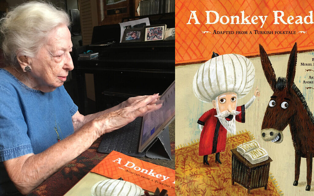 Muriel Mandell works on her iPad at her apartment in downtown Manhattan's Greenwich Village. After a career as a reporter and schoolteacher, she began writing children's books, including 'A Donkey Reads,' right. (Lori Silberman Brauner/ viaJTA) Muriel Mandell works on her iPad at her apartment in downtown Manhattan's Greenwich Village. After a career as a reporter and schoolteacher, she began writing children's books, including 'A Donkey Reads,' right. (Lori Silberman Brauner/ viaJTA)
