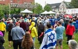 Hundreds gather on July 1, 2021, for a rally in Brighton, Mass., in support of Rabbi Shlomo Noginski, who was stabbed the day before in the same park across the street from his Jewish day school. (Courtesy of Combined Jewish Philanthropies of Greater Boston via JTA)