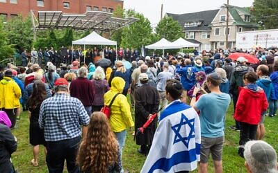 Hundreds gather on July 1, 2021, for a rally in Brighton, Mass., in support of Rabbi Shlomo Noginski, who was stabbed the day before in the same park across the street from his Jewish day school. (Courtesy of Combined Jewish Philanthropies of Greater Boston via JTA)