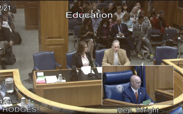 Louisiana state Rep. Valarie Hodges sits with author David Barton, who has been branded an 'extremist' by the Southern Poverty Law Center, during a May debate on a bill of Hodges' that would have mandated Holocaust education in the state. The bill, which Hodges ultimately declined to pursue after amendments, was backed by fringe figures such as Barton partially as a response to parallel efforts to legislate the teaching of other history lessons. (Screenshot from Louisiana House of Representatives/ via JTA)