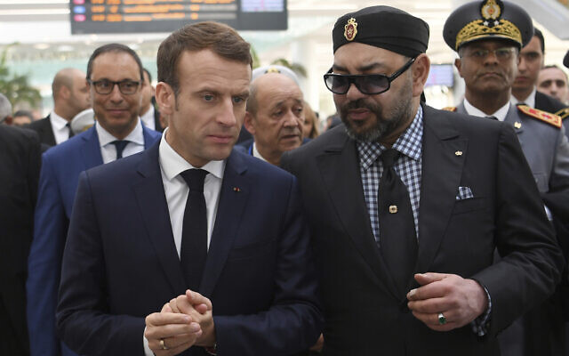 Moroccan King Mohammed VI and French President Emmanuel Macron, left, speak after inaugurating a high-speed line at Rabat train station, Morocco, November 15, 2018. (Christophe Archambault/Pool Photo via AP) Moroccan King Mohammed VI and French President Emmanuel Macron, left, speak after inaugurating a high-speed line at Rabat train station, Morocco, November 15, 2018. (Christophe Archambault/Pool Photo via AP)