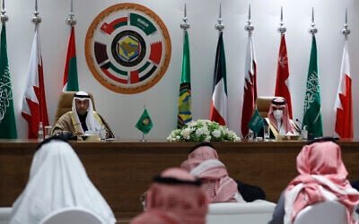 Secretary General of the Gulf Cooperation Council (GCC) Nayef Falah Al-Hajraf, left, and Saudi Foreign Minister Prince Faisal bin Farhan Al-Saud speak during a press conference during the 41st Gulf Cooperation Council (GCC) meeting in Al Ula, Saudi Arabia, Tuesday, Jan. 5, 2021. (AP Photo/Amr Nabil) Secretary General of the Gulf Cooperation Council (GCC) Nayef Falah Al-Hajraf, left, and Saudi Foreign Minister Prince Faisal bin Farhan Al-Saud speak during a press conference during the 41st Gulf Cooperation Council (GCC) meeting in Al Ula, Saudi Arabia, Tuesday, Jan. 5, 2021. (AP Photo/Amr Nabil)