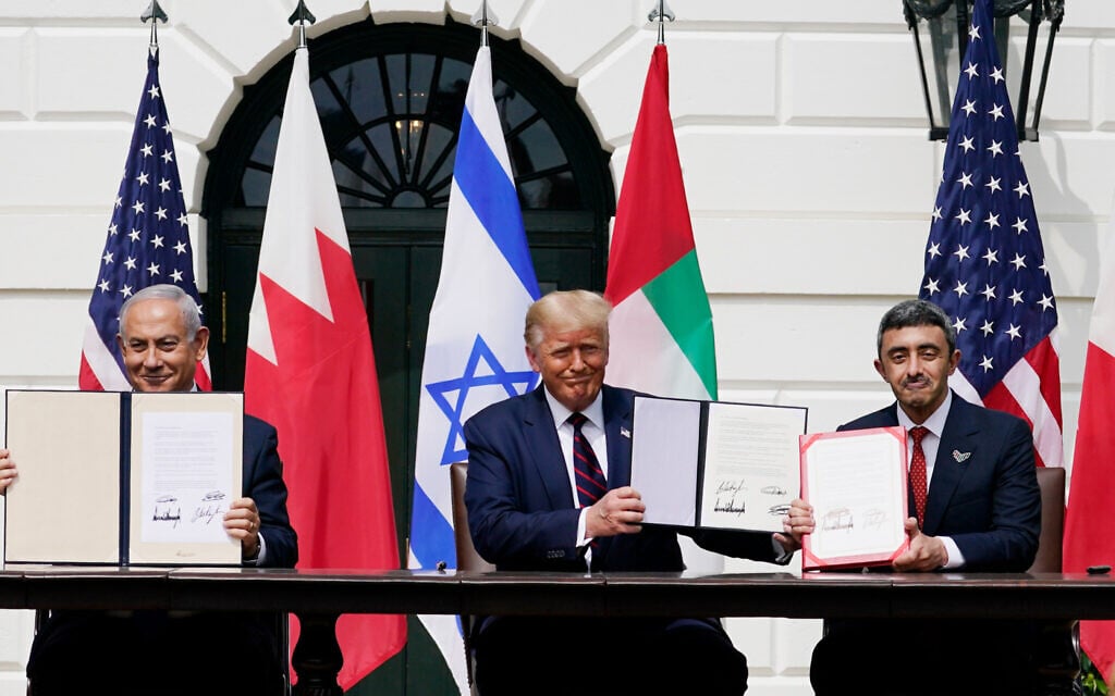 In this September 15, 2020, file photo, from left; former Israeli prime minister Benjamin Netanyahu, former US president Donald Trump, and United Arab Emirates Foreign Minister Abdullah bin Zayed al-Nahyan, sit during the Abraham Accords signing ceremony on the South Lawn of the White House, in Washington. (AP Photo/Alex Brandon, File) In this September 15, 2020, file photo, from left; former Israeli prime minister Benjamin Netanyahu, former US president Donald Trump, and United Arab Emirates Foreign Minister Abdullah bin Zayed al-Nahyan, sit during the Abraham Accords signing ceremony on the South Lawn of the White House, in Washington. (AP Photo/Alex Brandon, File)