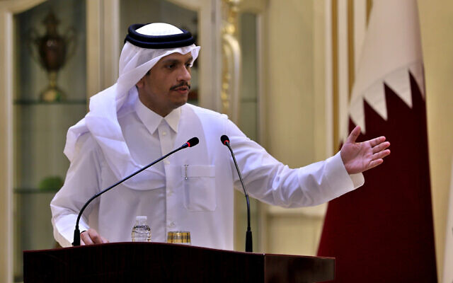 Qatari Foreign Minister Sheikh Mohammed bin Abdulrahman Al Thani speaks during a joint press conference with his Iraqi counterpart Mohamed Alhahkim in Baghdad, Iraq, on March 24, 2021. (AP Photo/Khalid Mohammed) Qatari Foreign Minister Sheikh Mohammed bin Abdulrahman Al Thani speaks during a joint press conference with his Iraqi counterpart Mohamed Alhahkim in Baghdad, Iraq, on March 24, 2021. (AP Photo/Khalid Mohammed)