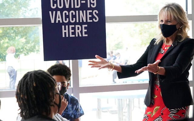 US First Lady Jill Biden encourages recently vaccinated patients to get unvaccinated friends and family to receive their COVID-19 vaccinations during a visit to a popup clinic site at Jackson State University in Jackson, Miss. on June 22, 2021. (AP/Rogelio V. Solis) US First Lady Jill Biden encourages recently vaccinated patients to get unvaccinated friends and family to receive their COVID-19 vaccinations during a visit to a popup clinic site at Jackson State University in Jackson, Miss. on June 22, 2021. (AP/Rogelio V. Solis)