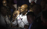 Mayoral Candidate Eric Adams speaks at his election party in New York, June 22, 2021. (Kevin Hagen/AP)
