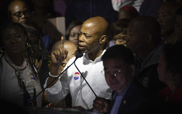 Mayoral Candidate Eric Adams speaks at his election party in New York, June 22, 2021. (Kevin Hagen/AP) Mayoral Candidate Eric Adams speaks at his election party in New York, June 22, 2021. (Kevin Hagen/AP)