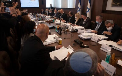 Prime Minister Naftali Bennett chairs the weekly cabinet meeting in Jerusalem, June 27, 2021. (AP Photo/Maya Alleruzzo, Pool) Prime Minister Naftali Bennett chairs the weekly cabinet meeting in Jerusalem, June 27, 2021. (AP Photo/Maya Alleruzzo, Pool)