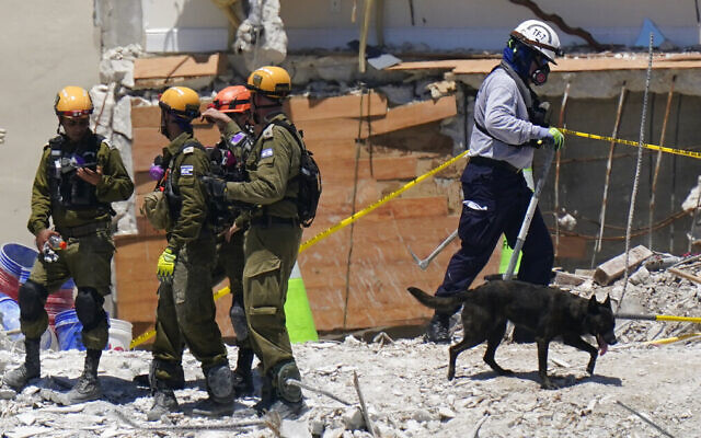 A dog aiding in the search walks past a team of Israeli search and rescue personnel, left, atop the rubble at the Champlain Towers South condominium in Surfside, Florida, on July 2, 2021. (AP Photo/Mark Humphrey, File)