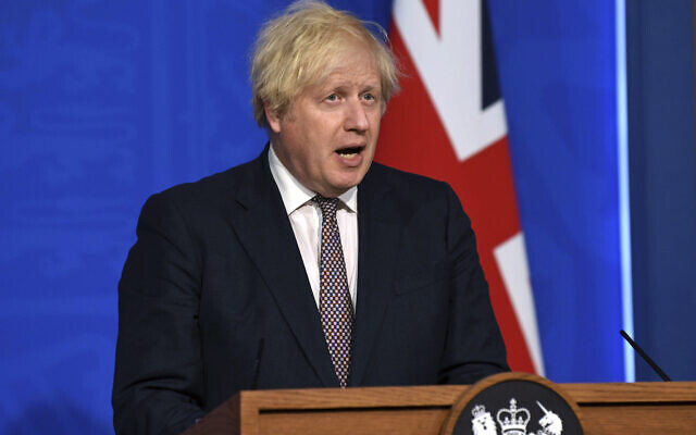 Britain's Prime Minister Boris Johnson speaks during a media briefing on coronavirus in Downing Street, London, on July 5, 2021. (Daniel Leal-Olivas/Pool Photo via AP) Britain's Prime Minister Boris Johnson speaks during a media briefing on coronavirus in Downing Street, London, on July 5, 2021. (Daniel Leal-Olivas/Pool Photo via AP)
