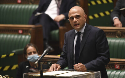 Britain's Health Secretary Sajid Javid updates MPs on the governments coronavirus plans, in the House of Commons, London, Monday, July 5, 2021 (Jessica Taylor/UK Parliament via AP)