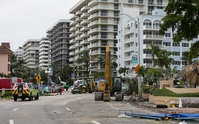 Rubble and debris of the Champlain Towers South condo can be seen in Surfside, Florida on Tuesday, July 6, 2021. (Matias J. Ocner/Miami Herald via AP)