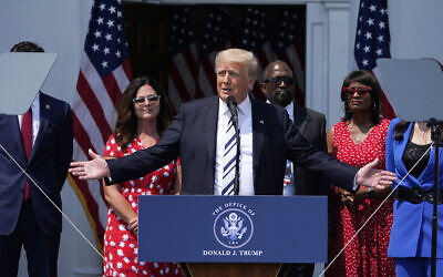 Former US president Donald Trump speaks at Trump National Golf Club in Bedminster, New Jersey, July 7, 2021. (AP Photo/Seth Wenig)