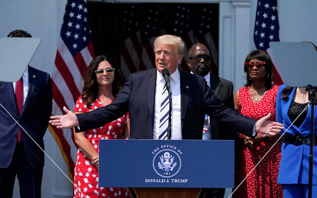 Former US president Donald Trump speaks at Trump National Golf Club in Bedminster, New Jersey, July 7, 2021. (AP Photo/Seth Wenig) Former US president Donald Trump speaks at Trump National Golf Club in Bedminster, New Jersey, July 7, 2021. (AP Photo/Seth Wenig)