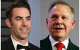This combination of file photos shows actor-comedian Sacha Baron Cohen at the Vanity Fair Oscar Party in Beverly Hills, Calif. on March 4, 2018, left, and former Alabama Chief Justice and then U.S. Senate candidate Roy Moore at a news conference in Birmingham, Ala., on Nov. 16, 2017. A federal judge on Tuesday, July 3, 2021, dismissed failed U.S. Senate candidate Roy Moore’s $95 million lawsuit targeting comedian Sacha Baron Cohen filed after Moore complained he was tricked into an interview that lampooned sexual misconduct accusations against him.  (AP Photo/File)