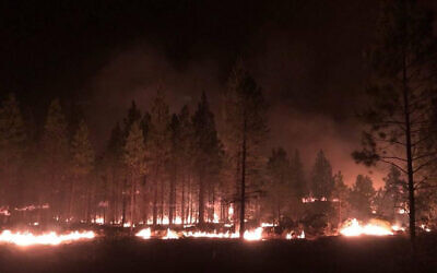 In this photo provided by the Bootleg Fire Incident Command, the Bootleg Fire burns at night near Highway 34 in southern Oregon on July 15, 2021 (Jason Pettigrew/Bootleg Fire Incident Command via AP)