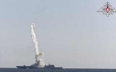 In this photo taken from video distributed by Russian Defense Ministry Press Service, a new Zircon hypersonic cruise missile is launched by the frigate Admiral Gorshkov of the Russian navy from the White Sea, in the north of Russia, July 19, 2021 (Russian Defense Ministry Press Service via AP)
