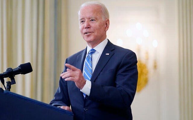 US President Joe Biden speaks about the economy and his infrastructure agenda in the State Dining Room of the White House, in Washington, July 19, 2021. (AP/Andrew Harnik) US President Joe Biden speaks about the economy and his infrastructure agenda in the State Dining Room of the White House, in Washington, July 19, 2021. (AP/Andrew Harnik)