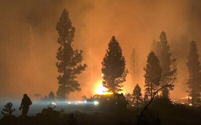 The Bootleg Fire burns at night in southern Oregon, July 17, 2021. (Bootleg Fire Incident Command via AP)